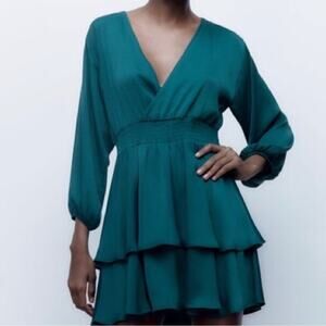 NWT Zara Teal Long Sleeve Satin Mini Dress Elastic Waist Ruffled Hem V-Neck M